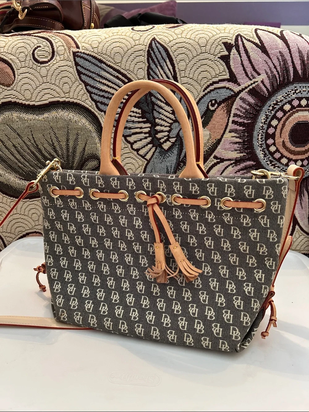 Vintage Dooney & Bourke Gray Y2K Monogrammed Tote with Tan Leather Trim